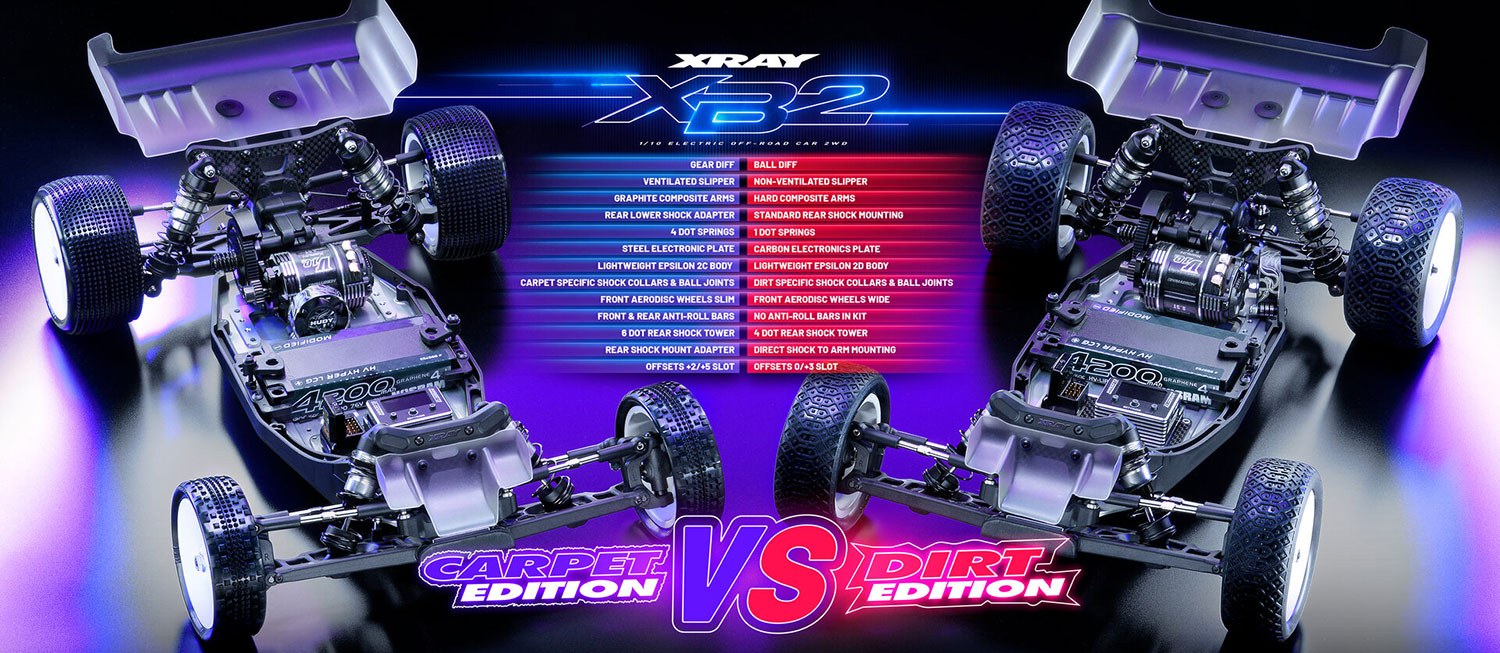 XRAY XB2 Carpet vs Dirt Edition